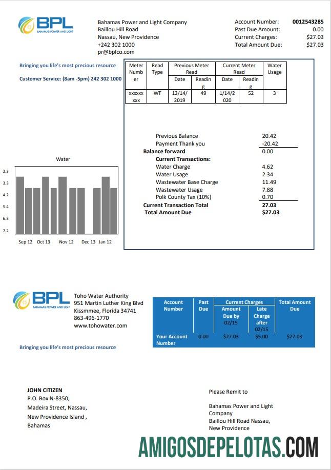 realista Modelo de conta de serviços públicos da empresa de energia e luz das Bahamas em formato Word e PDF